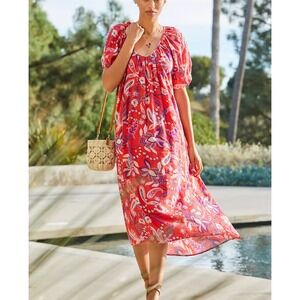Anthropologie Sundry Red Purple Floral Cotton Puff Sleeve‎ Midi Dress XS Pockets